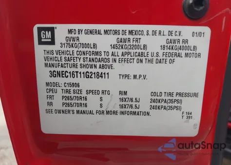 2001 Chevrolet Suburban 1500 Ls from USA, damaged, VIN 3GNEC16T11G218411